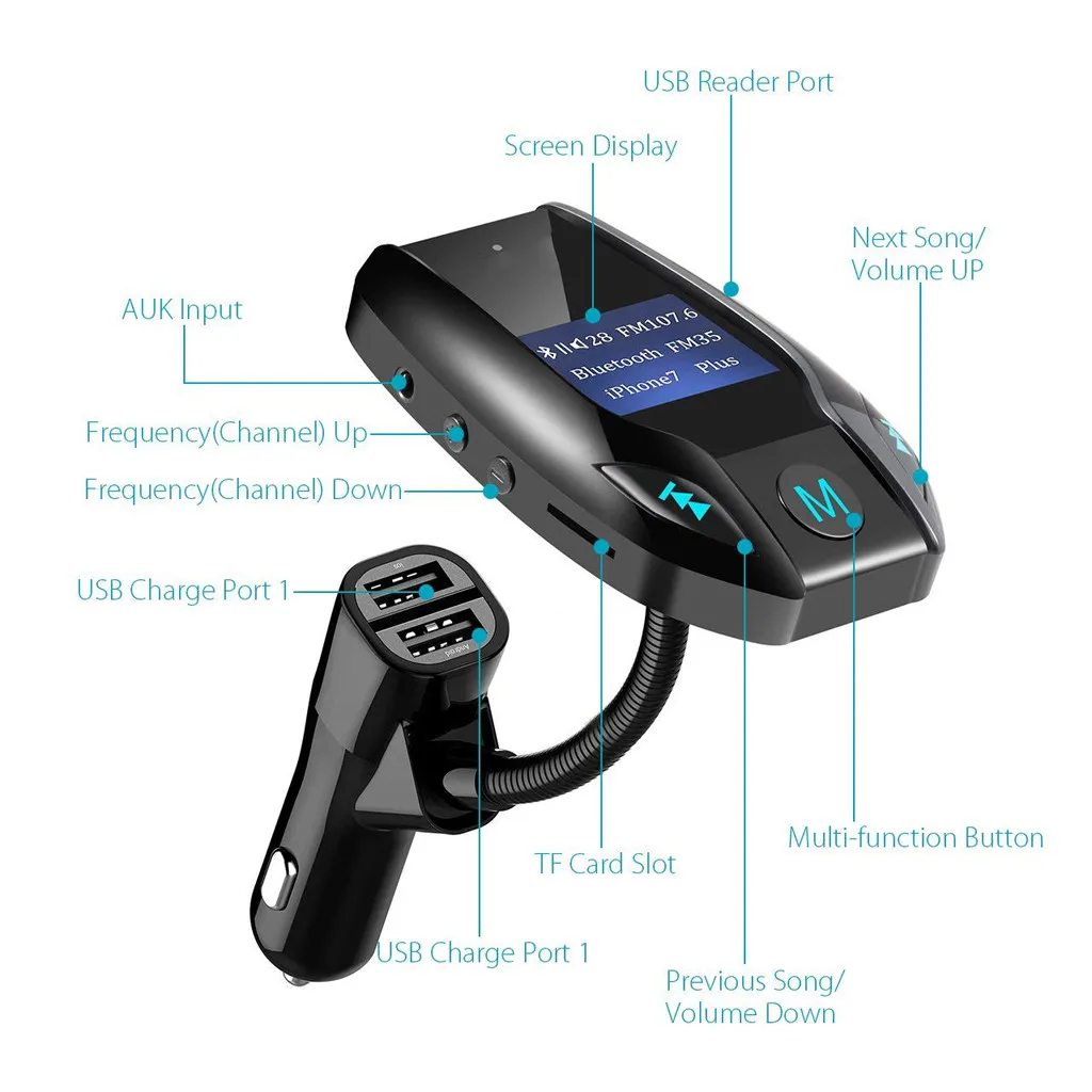 Fm-передатчик, Bluetooth, автомобильный Aux, Bluetooth, автомобильный fm-передатчик, MP3 плеер, Hands Free, Радио адаптер, комплект, USB зарядное устройство, воспроизведение музыки