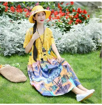012 Plus Size Women Vintage Dress Summer Autumn Sundress Cotton Linen Vestidos Lady Long Dresses Print Floral Loose Casual Dress - Цвет: 012