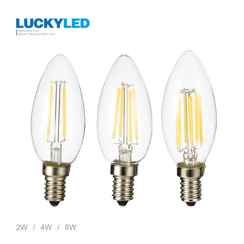 LUCKY LED Candle Bulb E14 2W 4W 6W AC 220V 240V Retro antique Glass Edison Lamp Vintage C35 Filament Light 360 Degree