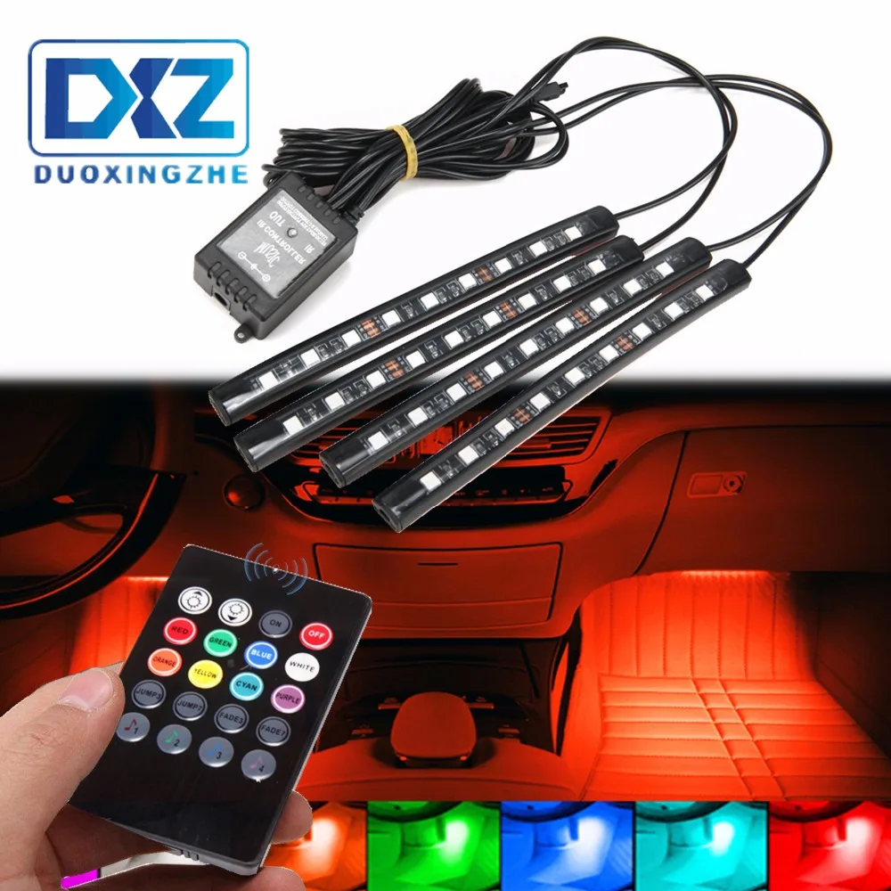 DXZ 4PCS/set 9LED 7 Color Car Interior Lighting Atmosphere Floor Strip Lamp Remote Music Control Neon Lights | Автомобили и