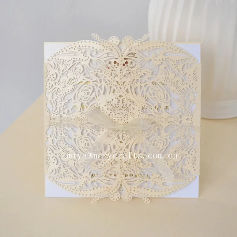 

HOT 2016 laser cut luxury wedding invitations ivory pearl invitations with ivory organza ribbons