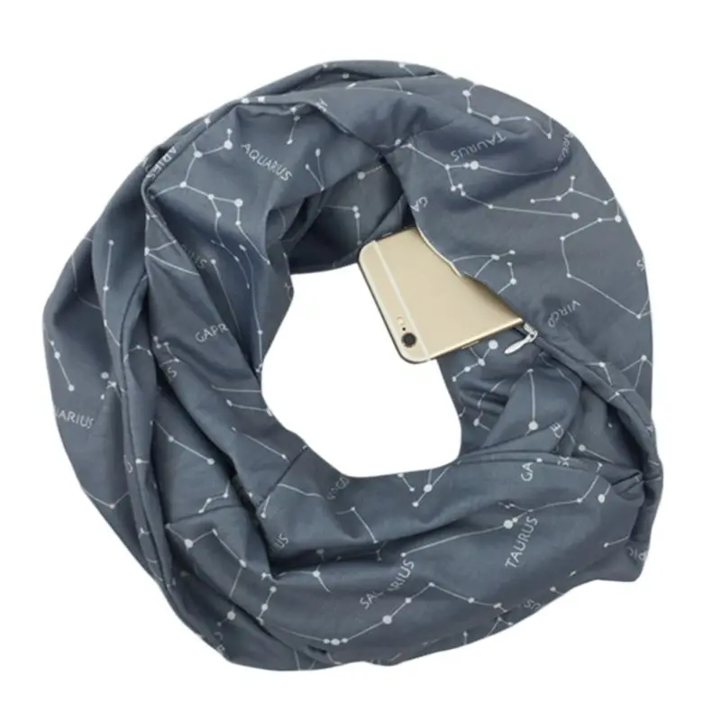Womens Double Layer Secret Hidden Zipper Pocket Infinity Loop Scarf Constellation Sign Line Letters Winter Ring Scarf