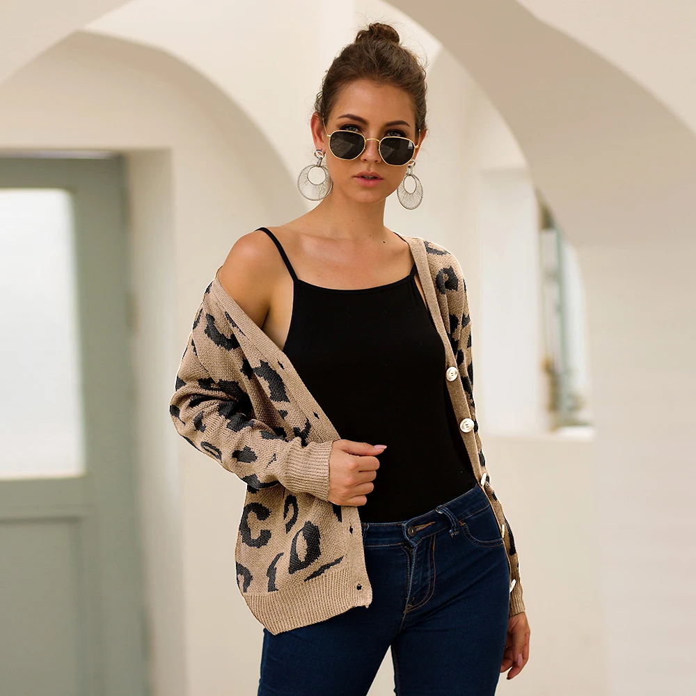 Leopard Button Cardigan Women Winter Khaki Sweater Long Sleeve Knit Clothes V Neck Slim Jumper Chompas Para Mujer |