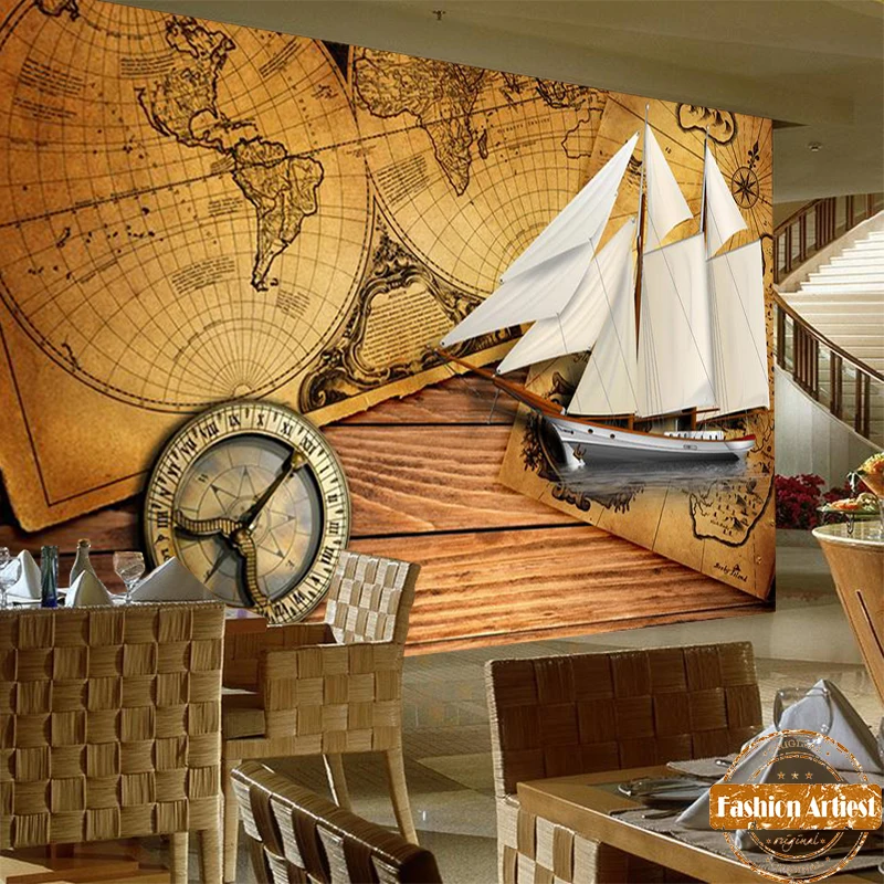 3D обои для экспедиций на заказ фреска Парусный корабль компас Карта мира ТВ диван