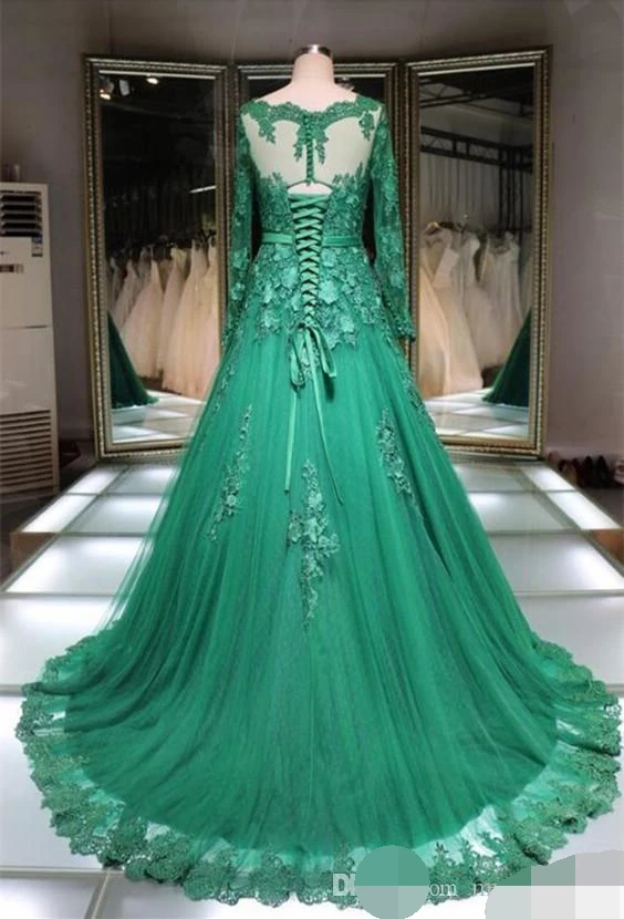 Женское вечернее платье с длинным рукавом robe de soiree зеленое кружевной аппликацией