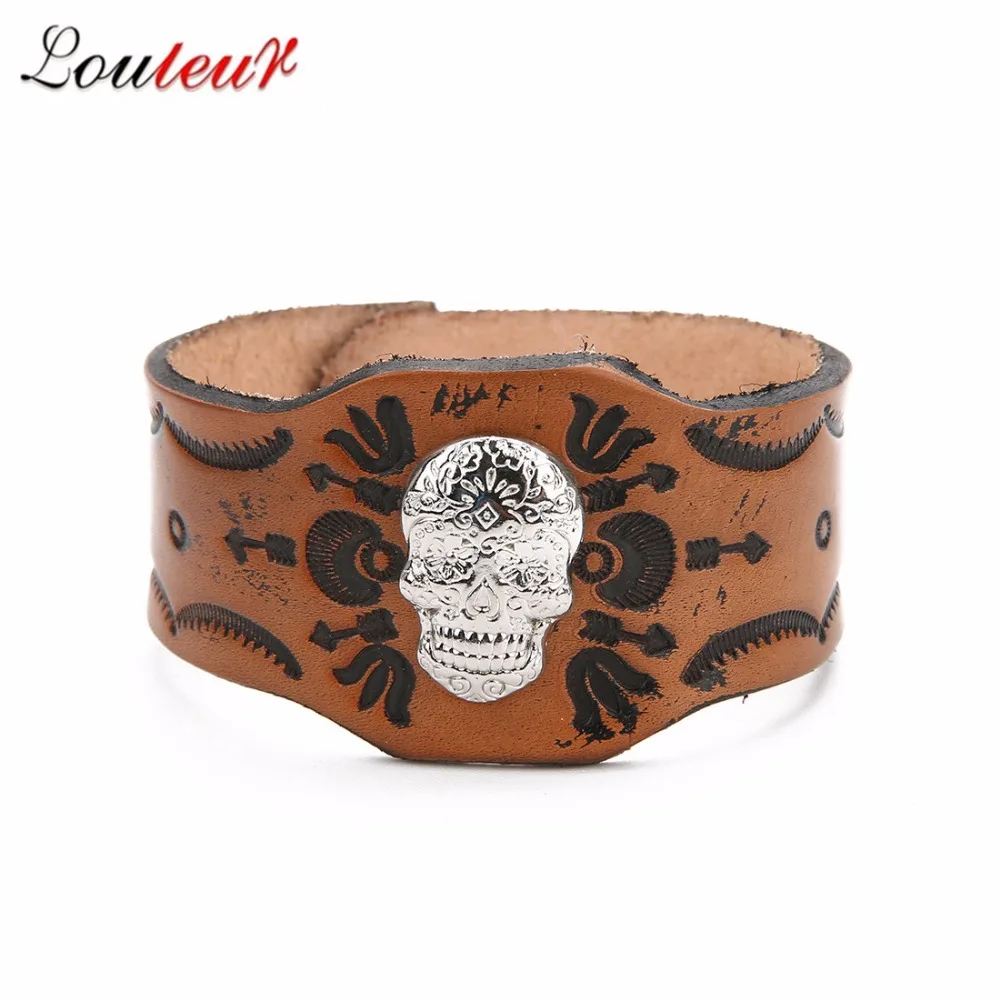 LOULEUR Black &amp Brown Punk Shantou Genuine Leather Bracelet Men Vintage Wide Cuff Bangles Adjustable Wristband Male Rock Jewelry |