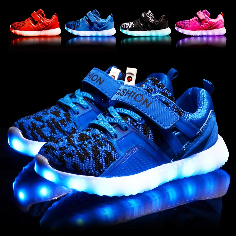 LED Children Shoes With Light For Boys Lighted Girls Sports Kids USB Charge Breathable Glowing Sneakers 20 | Детская одежда и