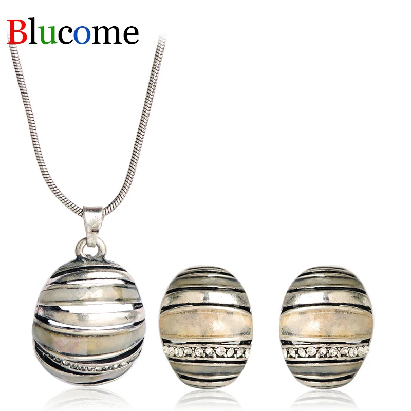 Blucome Винтажные серьги гвоздики ожерелье кольцо набор кулон антикварное серебро