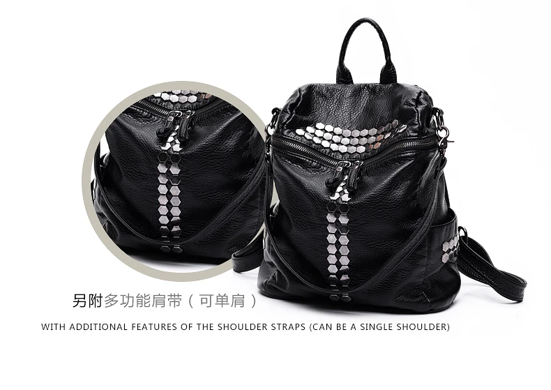 Модная женская сумка для отдыха mochilas, женские рюкзаки с заклепками, Черная мягкая кожаная сумка, школьные сумки для девочек