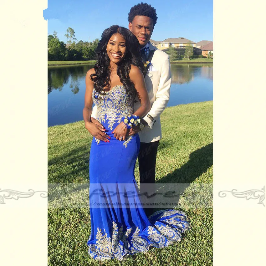 Elegant Gold Appliques Royal Blue Long Evening Dresses 2019 Sexy Sweetheart Sweep Train Formal Gown Vestido De Gala Abiye Custom | Свадьбы и