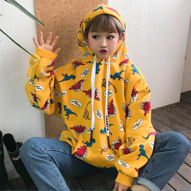 Женские повседневные кофты японский Harajuku Ulzzang Bf с принтом динозавра Толстовка