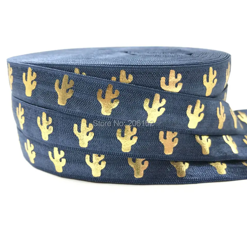 

Newest 10 Yards 5/8" Cactus Print Fold Over Elastic Denim Color FOE Hair Tie Elastic Ribbon for Bracelet Headband DIY Headwear