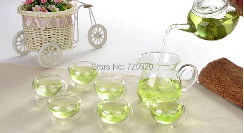 

2015 hot selling 8pcs heat resistant glass teapot set 1pc kungfu teapot+1pc Fair cup+6pcs 50ml double cup Teaware Set JO 1054