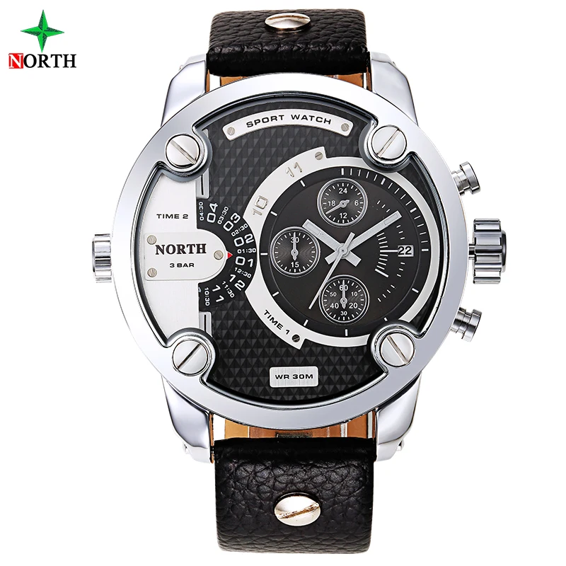 Для мужчин спортивные часы кварцевые военные Элитный бренд кожа Oversize Dual Time Часы 30