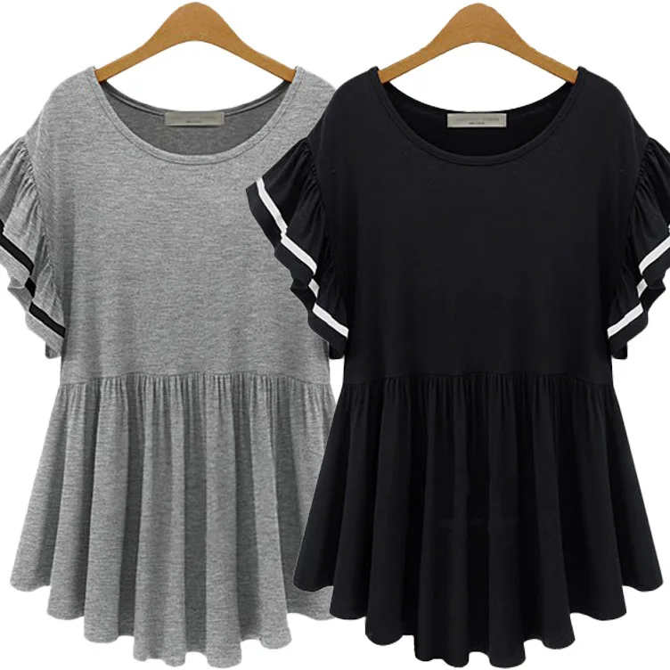 Рубашка женская серая и черная с рукавами летучая мышь оборками большого размера