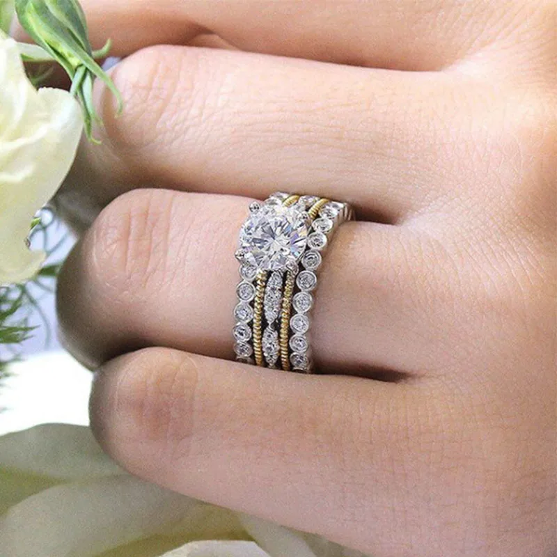 2019 New Luxury Design Double color Plating Shining Cubic Zircon Wavy Rings For Women Wedding Engagement Party Jewelry Best Gift | Украшения