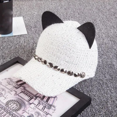white New fashion women girl's Hats spring summer cap cat ears hats snapback bone Hip Hop Caps wool knit baseball cap - Цвет: white