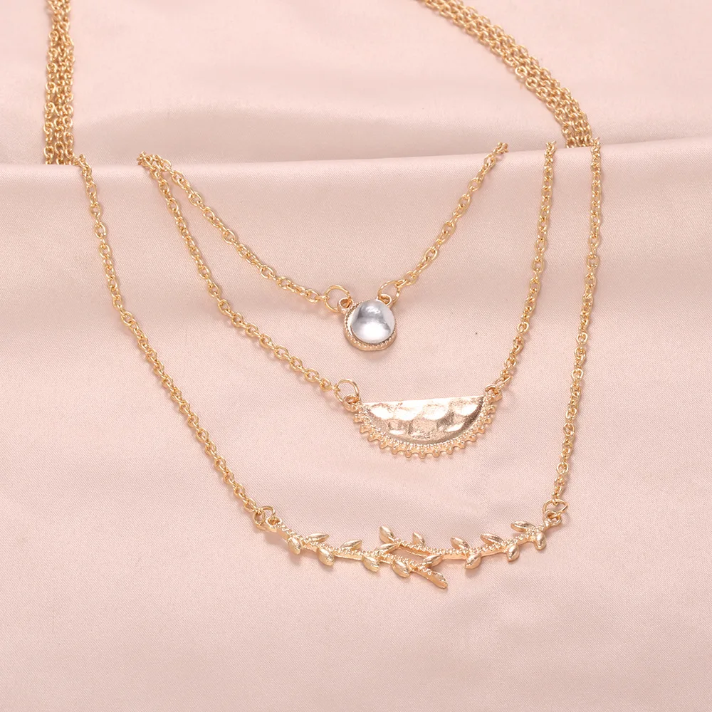 2019 New Popular Multlayered Metallic Plants Leaf Geometric Semicircle Stone Pendant Necklaces for Women Bohemian Jewelry | Украшения и