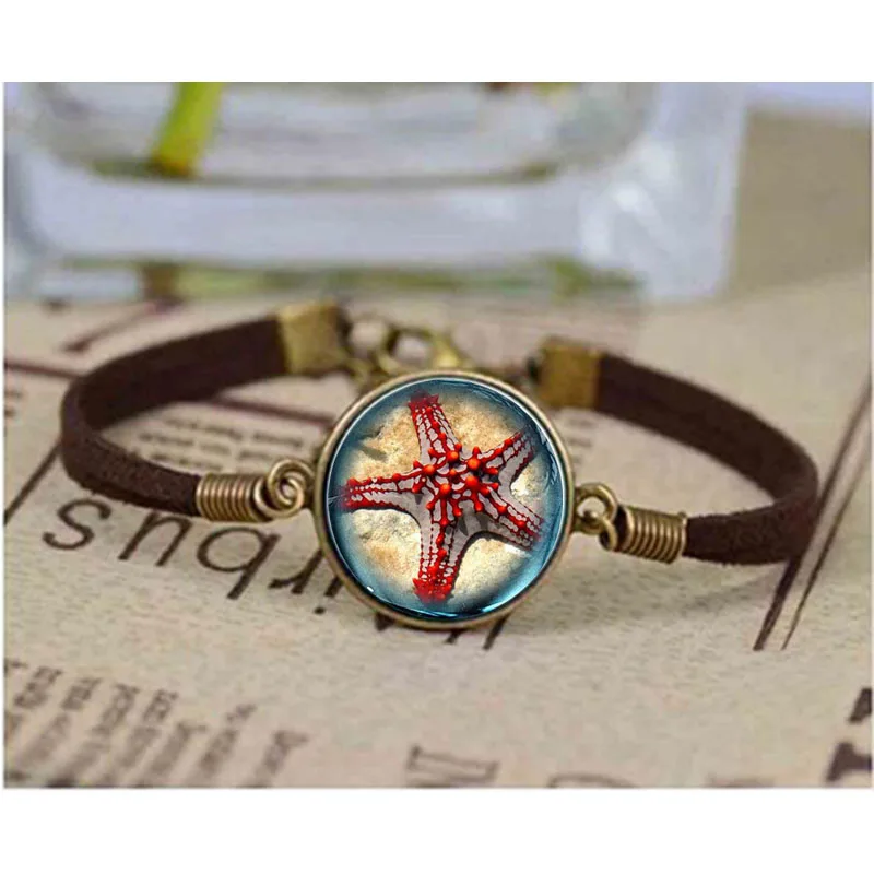 

Ocean Sea Statement bracelet Red Starfish design kids Glass Marine life Vintage Steel Jewelry Halobios bracelets