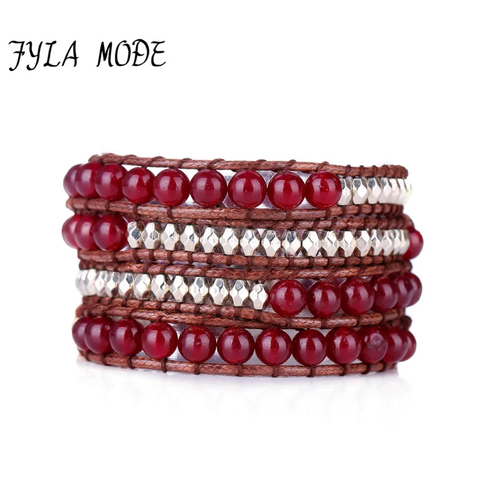 

Fyla Mode Quality Natural Dark Red Stone Beads Bracelet New With Faceted Beads 4 Strands Wrap Bracelet Wax Braided Bracelets