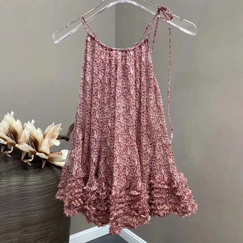 pink TWOTWINSTYLE рубашка с цветочным принтом для женщин, без рукавов, с открытыми плечами, с оборками, с подолом, свободные женские топы, мода, летняя новая мода - Цвет: pink