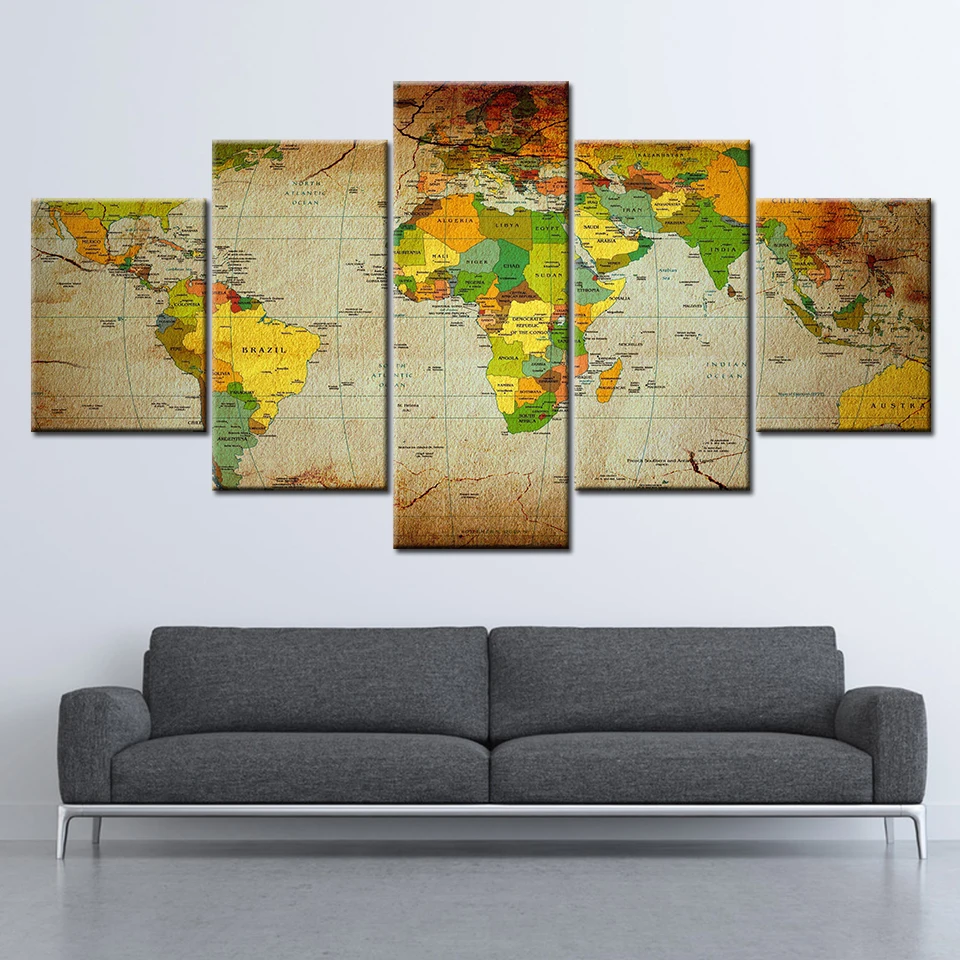 

Canvas Painting retro abstract world map picture 5 Pieces Wall Art Painting Modular Wallpapers Poster Print Home Decor