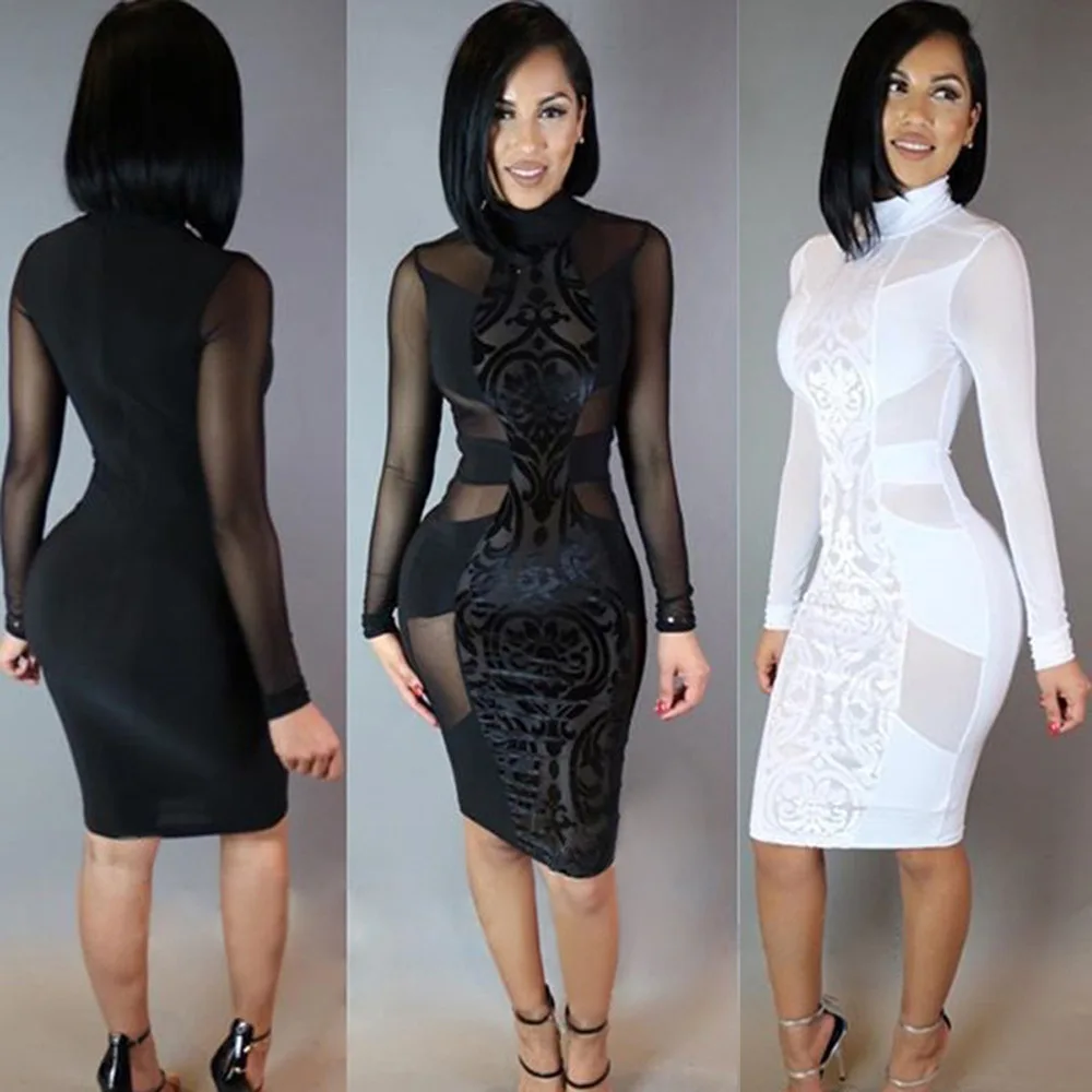 Новый Сексуальный Женщины Bodycon Бинты Сетки Лоскутная Тонкий Платье Вечера