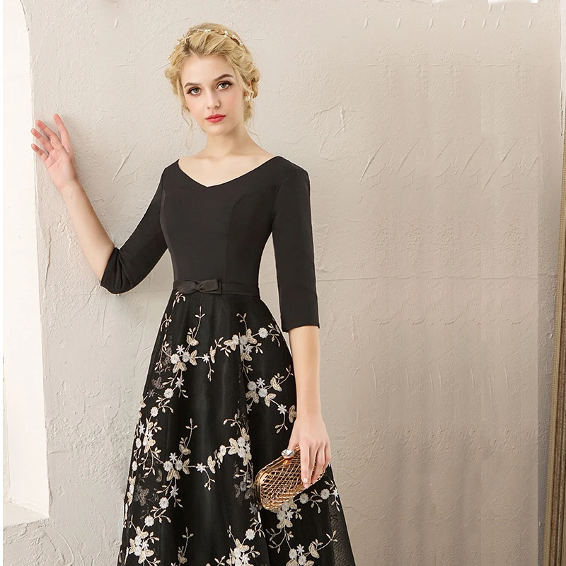 Вечернее платье черное сексуальное с v-образным вырезом Robe De Soiree длинного размера плюс с открытой спиной платья для выпускного вечера женские вечерние платья с коротким рукавом E564