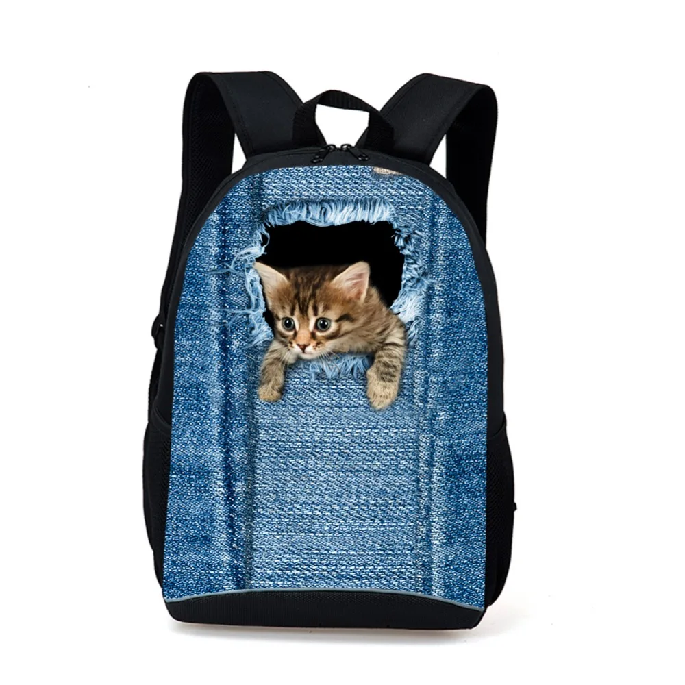 Джинсовая ткань, с принтом, школьная сумка, с изображением кота, собаки, для детей, школьные сумки, мультяшный стиль, школьный рюкзак с изобра...