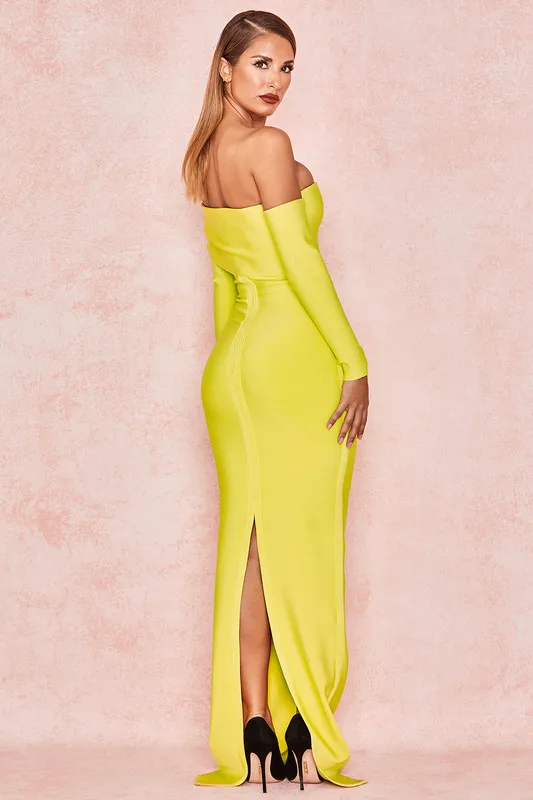 High Quality Yellow Slash Neck Long Sleeve Bodycon Rayon Bandage Dress Cocktail Party | Женская одежда