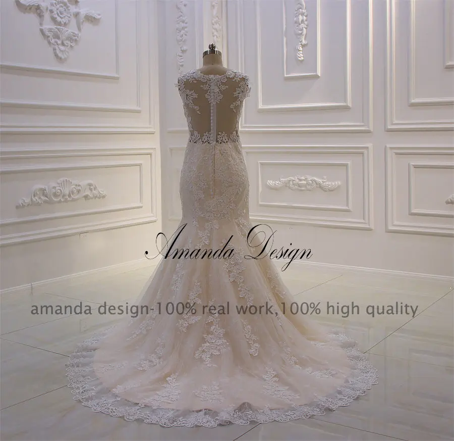 Аманда дизайн abiti da sposa с рукавом-крылышком Кружева Аппликация Шампанское Русалка свадебное платье