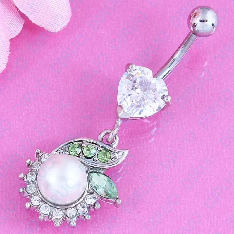 Кольцо для пупка с искусственным жемчугом и зеленым листом