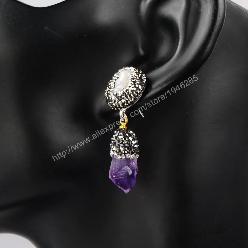 Vintage Stylish Pearl Drop Earrings Handcraft &amp Natural Amethyst Quartz With Black Gun ZC Stone Dangle Druzy J02 | Украшения и