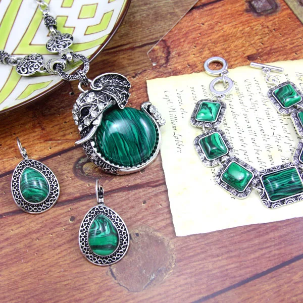 Flola Этническая зеленого малахита камень ювелирные комплекты большой слон