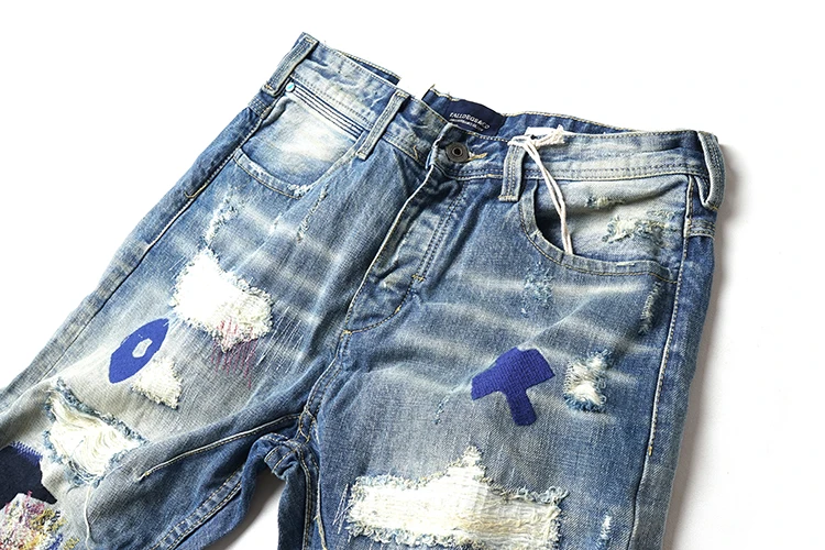 ABOORUN Марка NEW fashion Hi Street Мужская Мода рваные, потертые джинсы с рисунком пентаграммы Джинсы с вышивкой мужской в стиле «хип-хоп» Джинсы R322