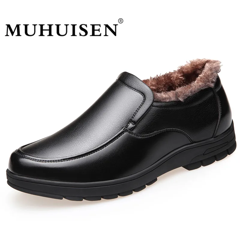 Russia Style Winter Men Leather Boots Fashion Slip On Driving Loafers Plush Male Warm Snow Breathable Flats Shoes MUHUISEN | Обувь
