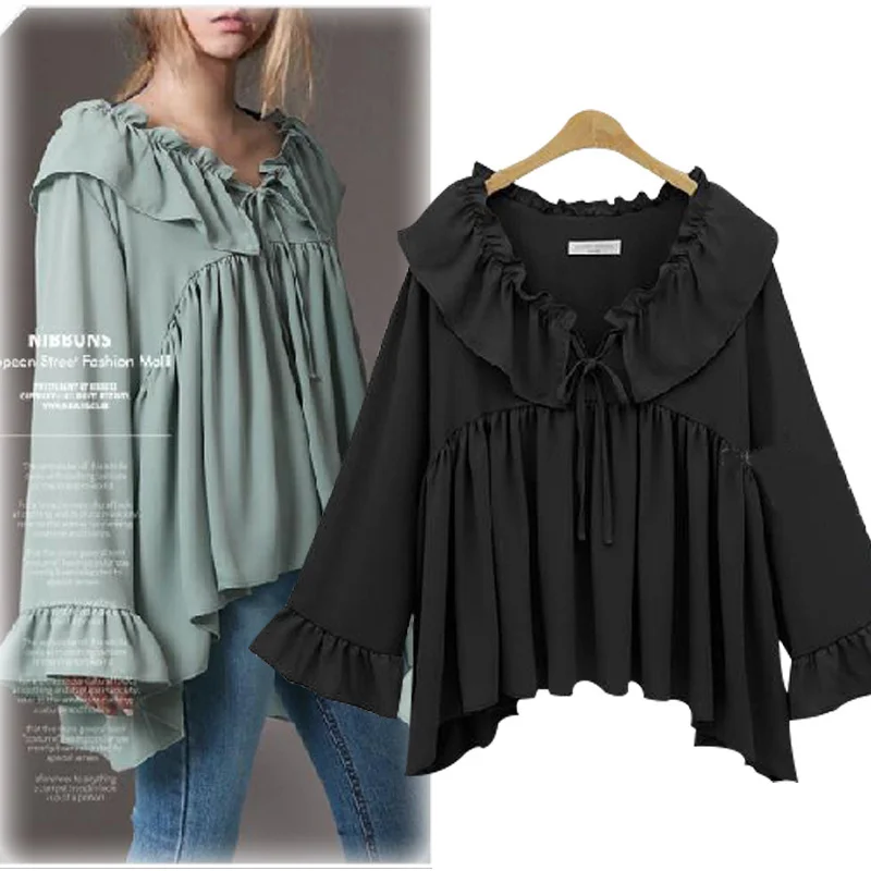 

2019 Runway Fashion Chiffon Blouse Women Long Sleeve Lotus leaf collar Pullover Female Girl ladies tops