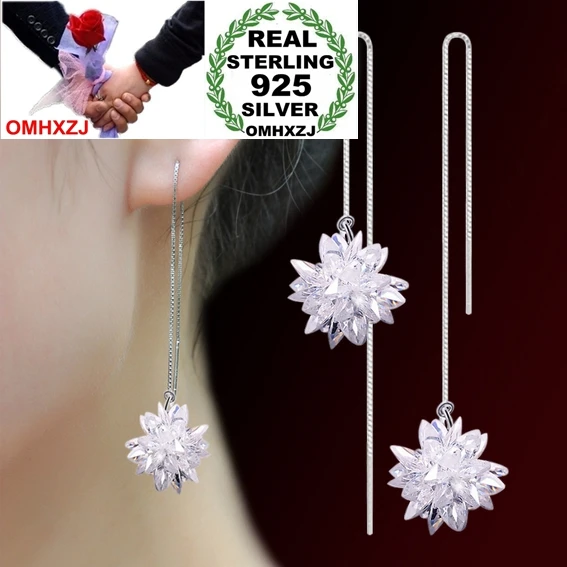 

OMHXZJ Wholesale Fashion Shiny ice flower kpop 925 Sterling Silver Tassel pendant drop Long Ear Line Earrings For Women YS137