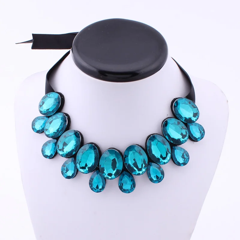 

4 Colors Statement Luxury Jewelry Black Ribbon Oval Water Drop Big Rhinestone Gem Crystal Choker Necklaces Pendants For Women