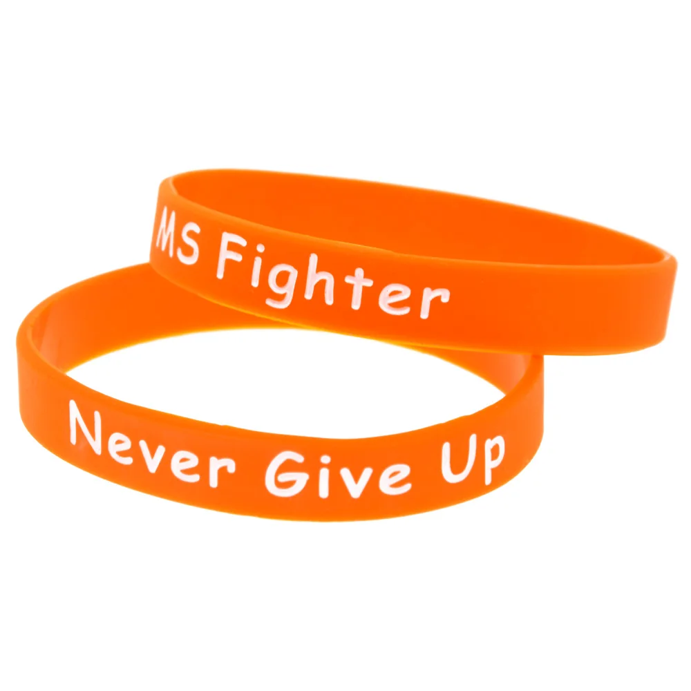 

OBH 50PCS MS Fighter Never Give Up Silicone Bracelet Orange Debossed and Filled in Color