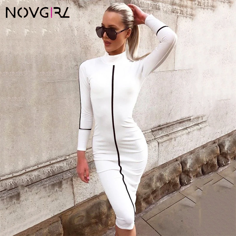 Novgirl 90% хлопок миди платье для женщин 2019 Водолазка с длинным рукавом облегающее