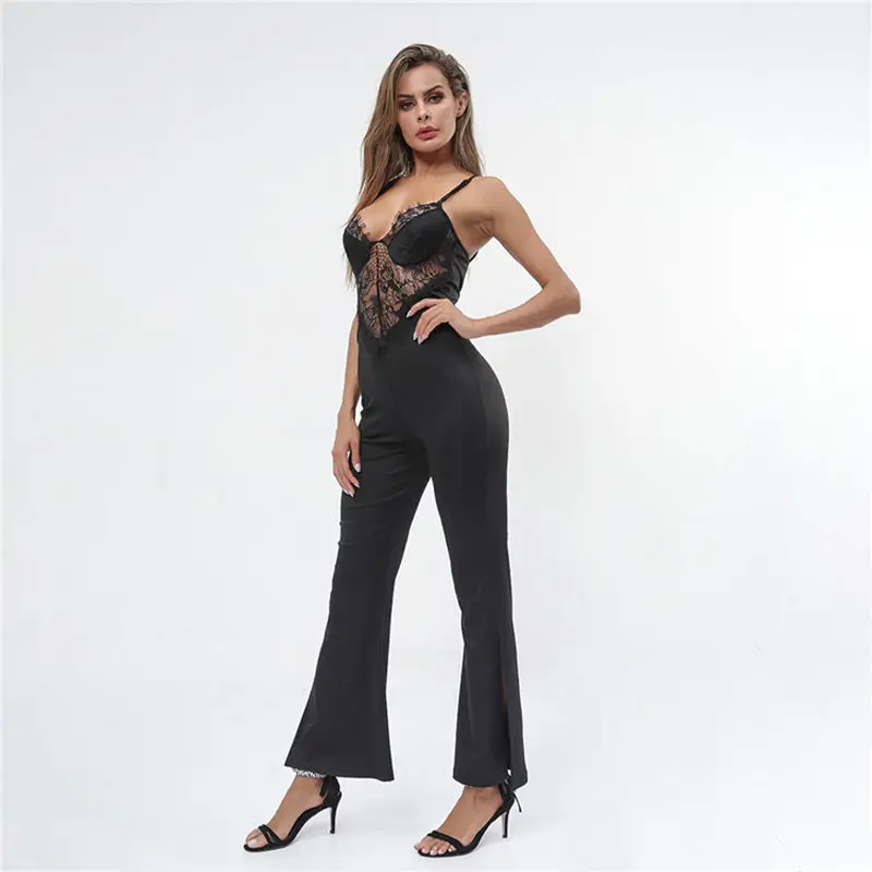 2020 Boot Cut Jumpsuit Sexy Celebrity Backless Spaghetti Strap Women Lace Slit Night Club Strapless Bodysuit Wholesale | Женская одежда