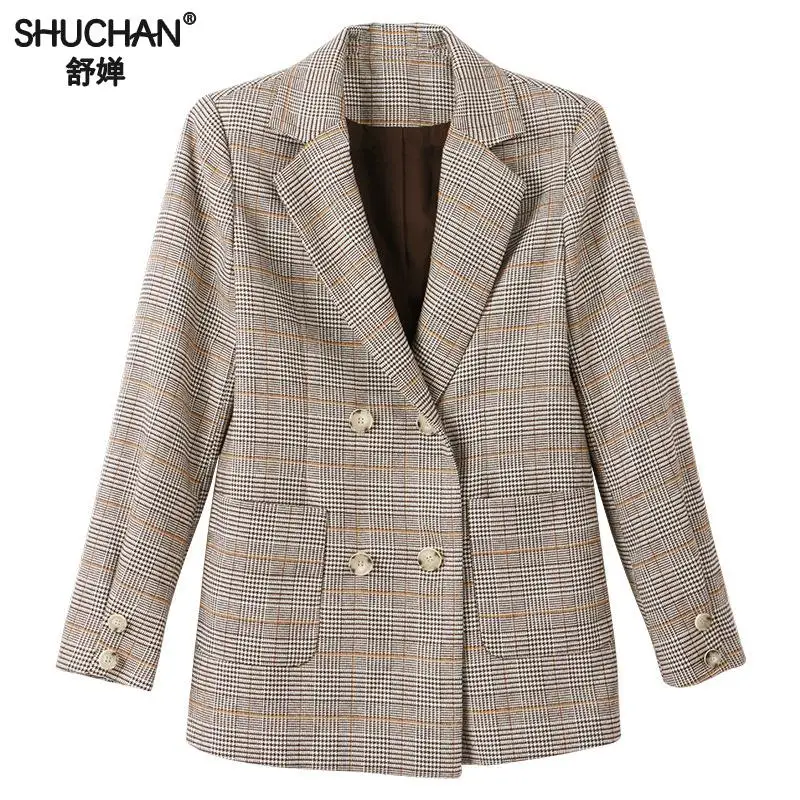 Shuchan New Korean Women Blazers And Jackets With Pockets Plaid Notched Double Breasted Fitted Female Jacket Woman Office
