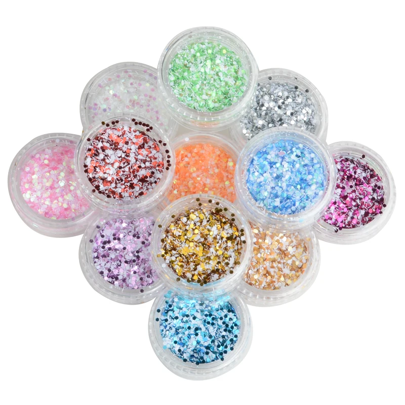 Хлопья для ногтей 12 смешанных цветов снежинки блестящие формы 3D украшения