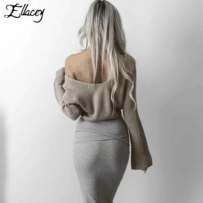 Женский короткий свитер вязаный с длинным рукавом и треугольным вырезом 2019 |