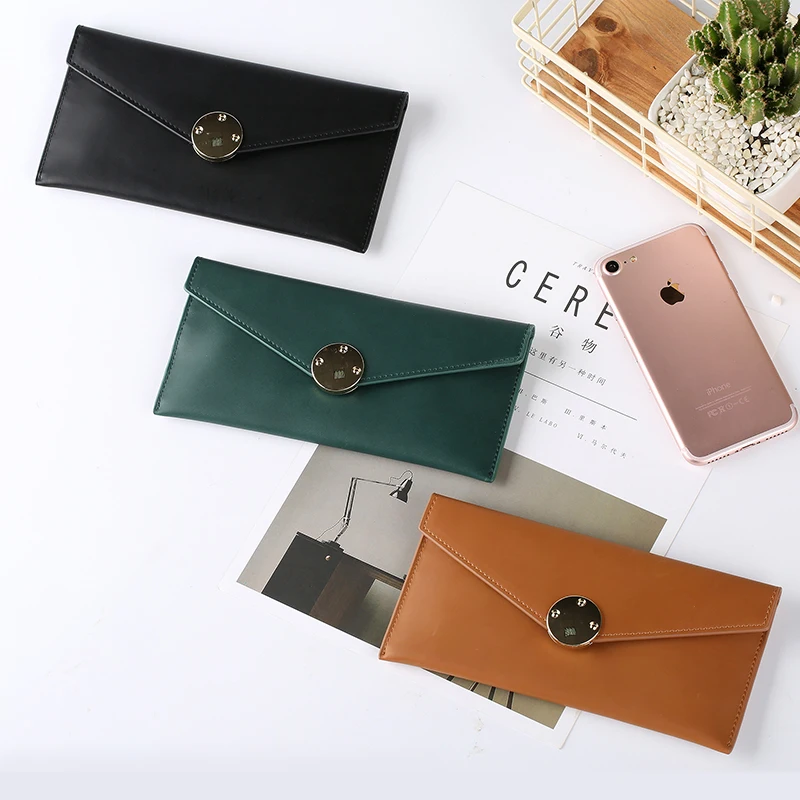 Модный тонкий женский однотонный кошелек из натуральной кожи с конвертом клатч