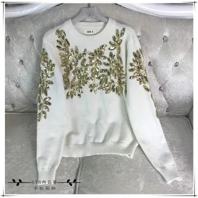white Cakucool, женские вязаные топы с бисером, длинный рукав, круглый вырез, свитер с блестками, Цветочная вышивка, блестящие Джемперы, свитер, вязаные пуловеры для женщин - Цвет: white