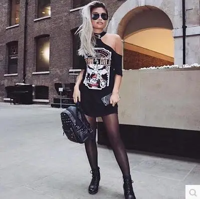 Панк-рок музыка вечерние 2017 платье-футболка с открытыми плечами Орел Печатный