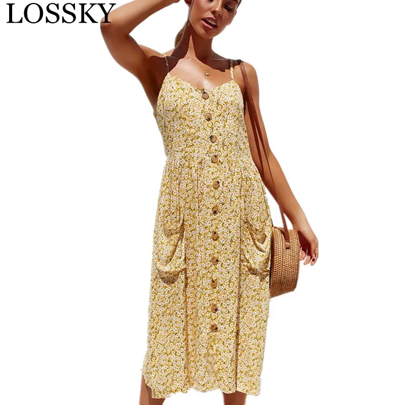 Женский сарафан средней длины на бретельках с цветочным принтом и V образным