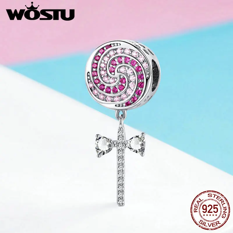 WOSTU прелестные милые леденцы, конфетные амулеты, 925 пробы, серебристые, розовые, CZ бусины, подходят к оригинальному браслету, колье, изготовление ювелирных изделий, FIC1136